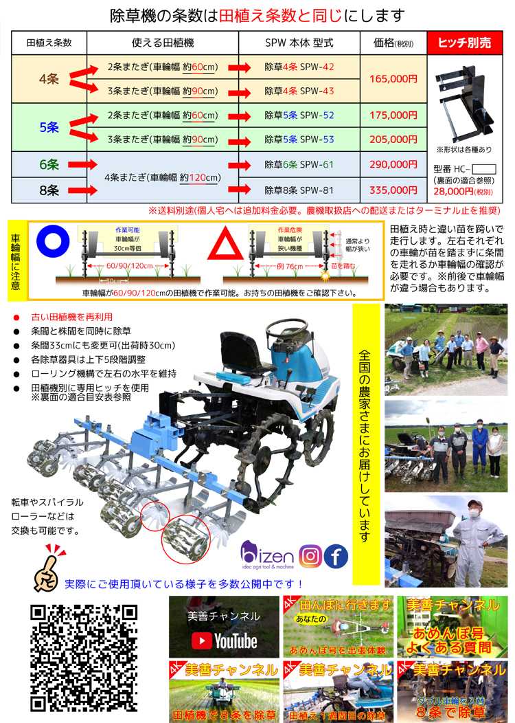 2022超人気 農業用品販売のプラスワイズ乗用田植機アタッチメント あめんぼ号 4条 ヒッチ無 SPW-42 田植え機 2条またぎ用 除草 美善  bizen 個人宅配送不可 代引不可